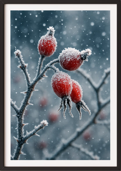Poster Hagebutte Gefroren Closeup im schwarzen Rahmen