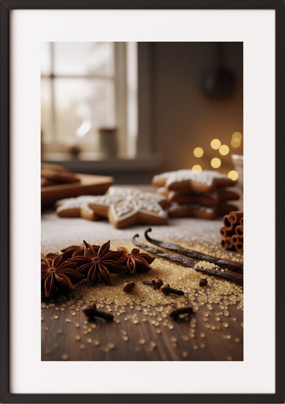 Poster Weihnachtstisch mit Gebäck im schwarzen Rahmen