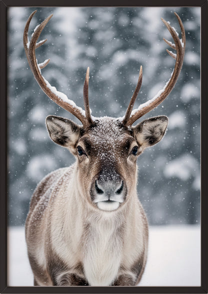Poster Rentier im Schnee Nahaufnahme im schwarzen Rahmen