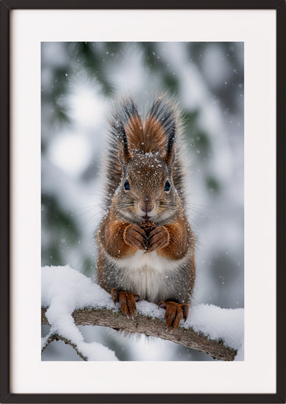 Poster Eichhörnchen im Schnee im schwarzen Rahmen