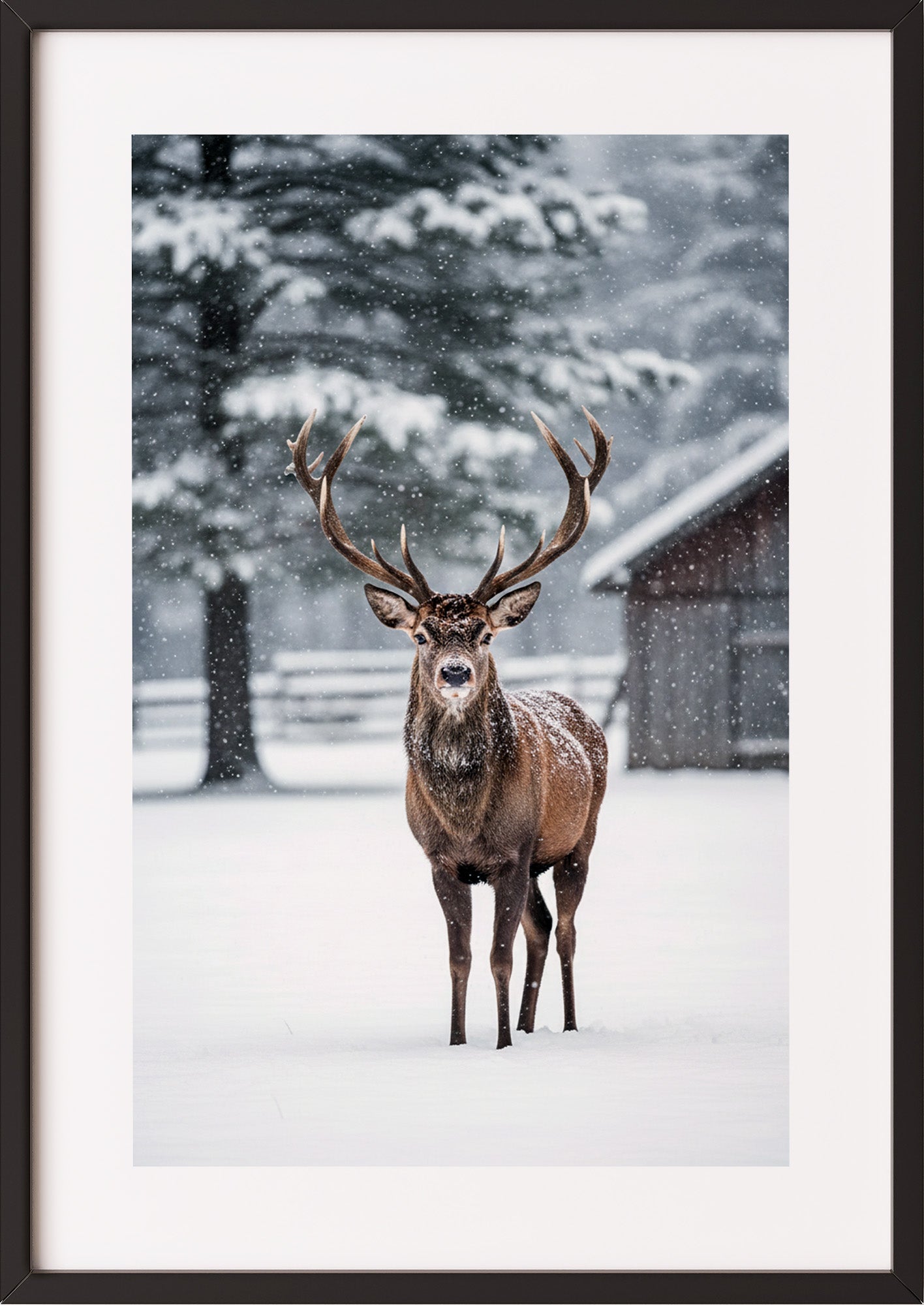 Poster Hirsch im Schnee im schwarzen Rahmen