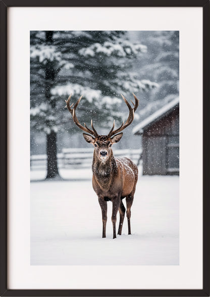 Poster Hirsch im Schnee im schwarzen Rahmen