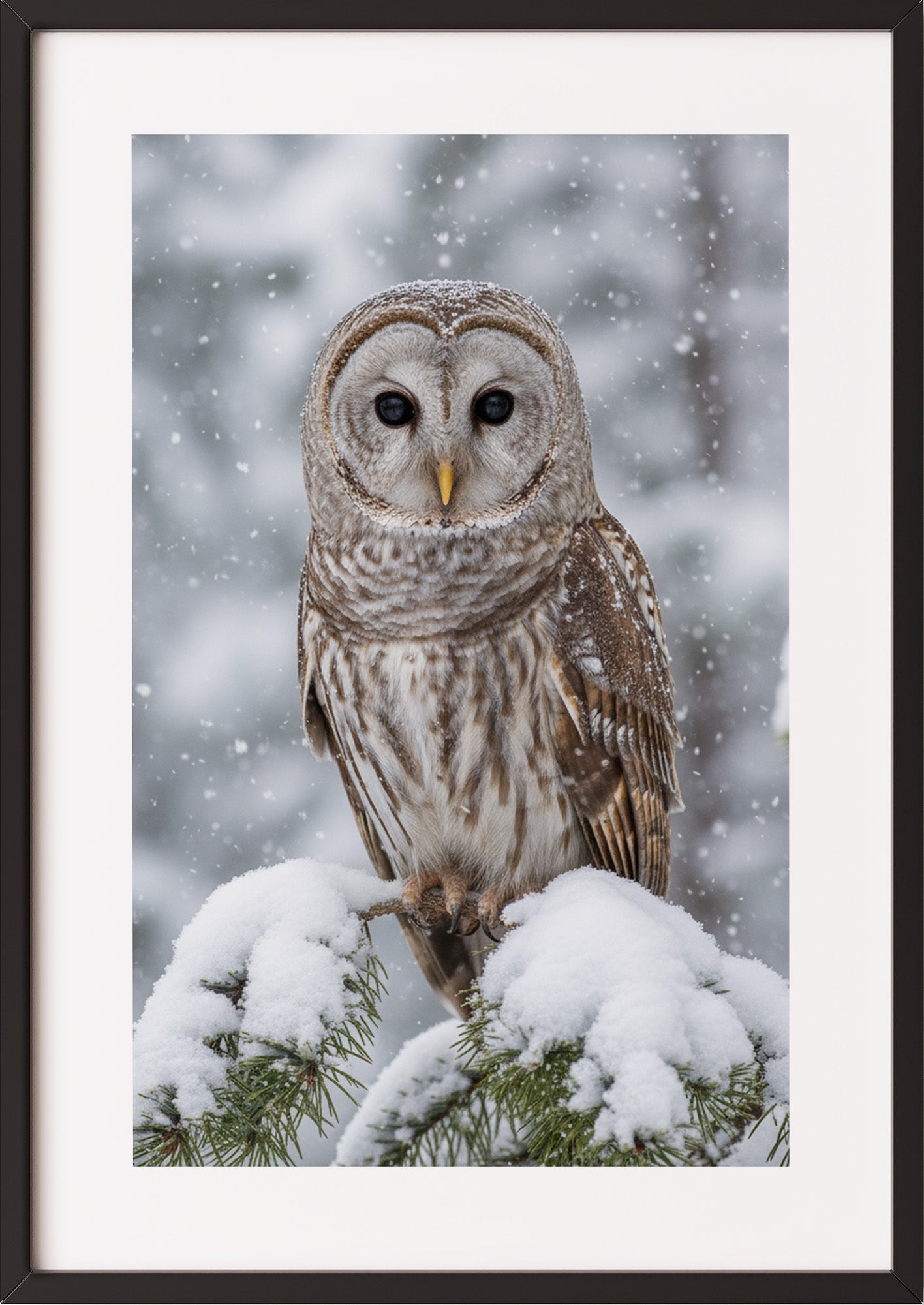 Poster Eule im Schnee im schwarzen Rahmen