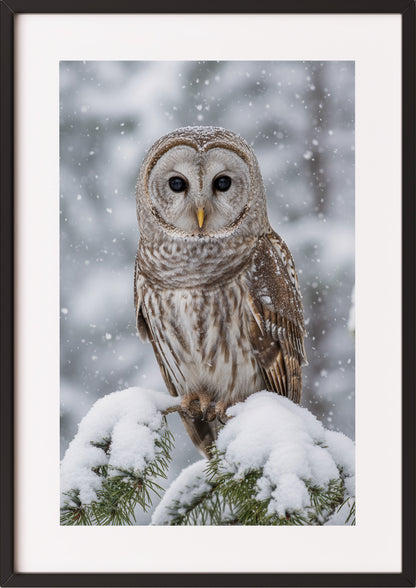 Poster Eule im Schnee im schwarzen Rahmen