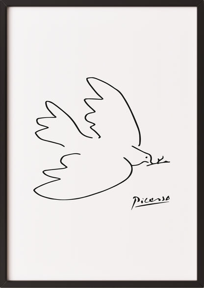 schwarzer Rahmen mit Picasso Dove Line Art an heller Wand