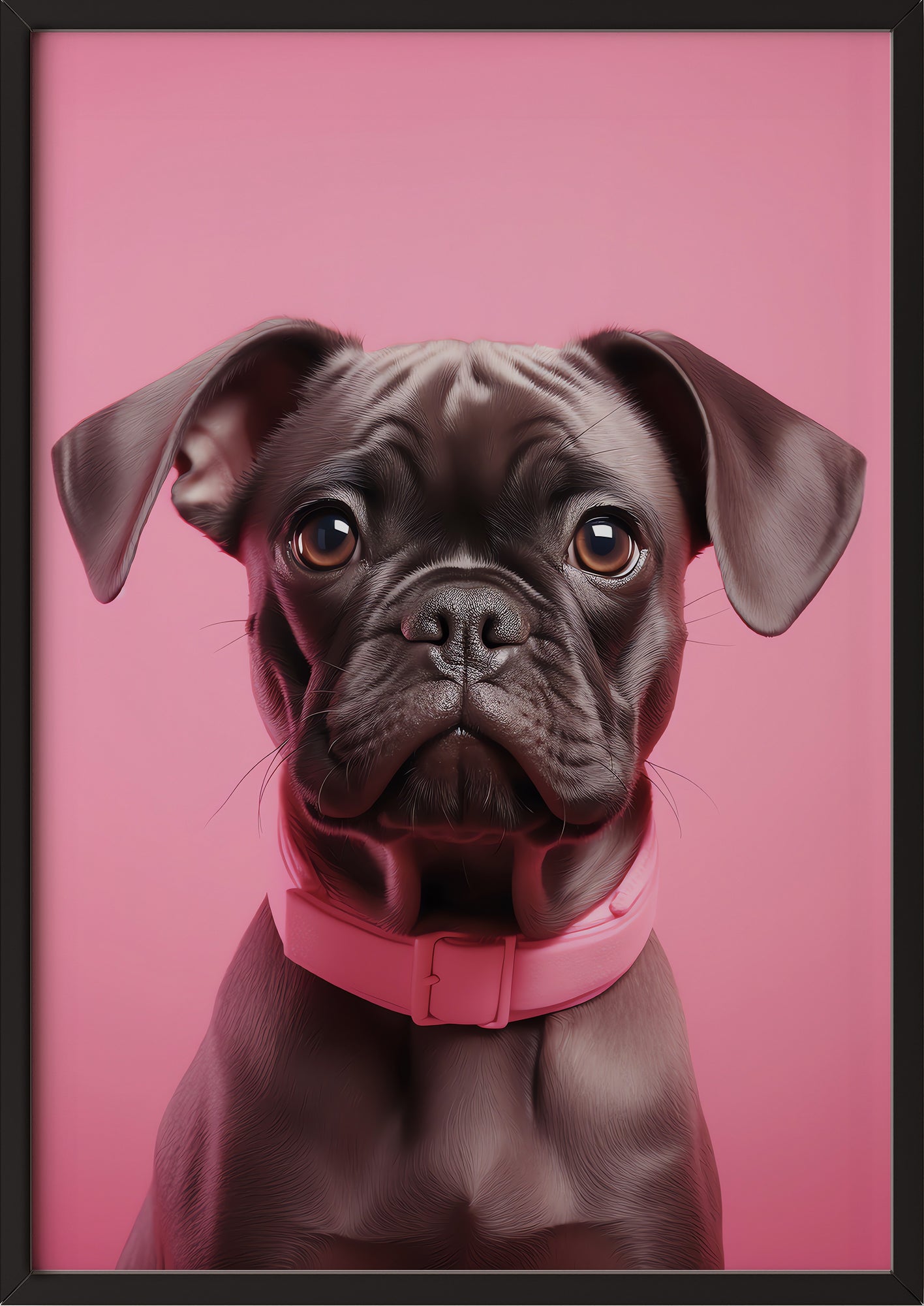 ein schwarzer rahmen hebt die zarten rosatöne hervor und macht das hundeporträt zum eleganten wohnaccessoire