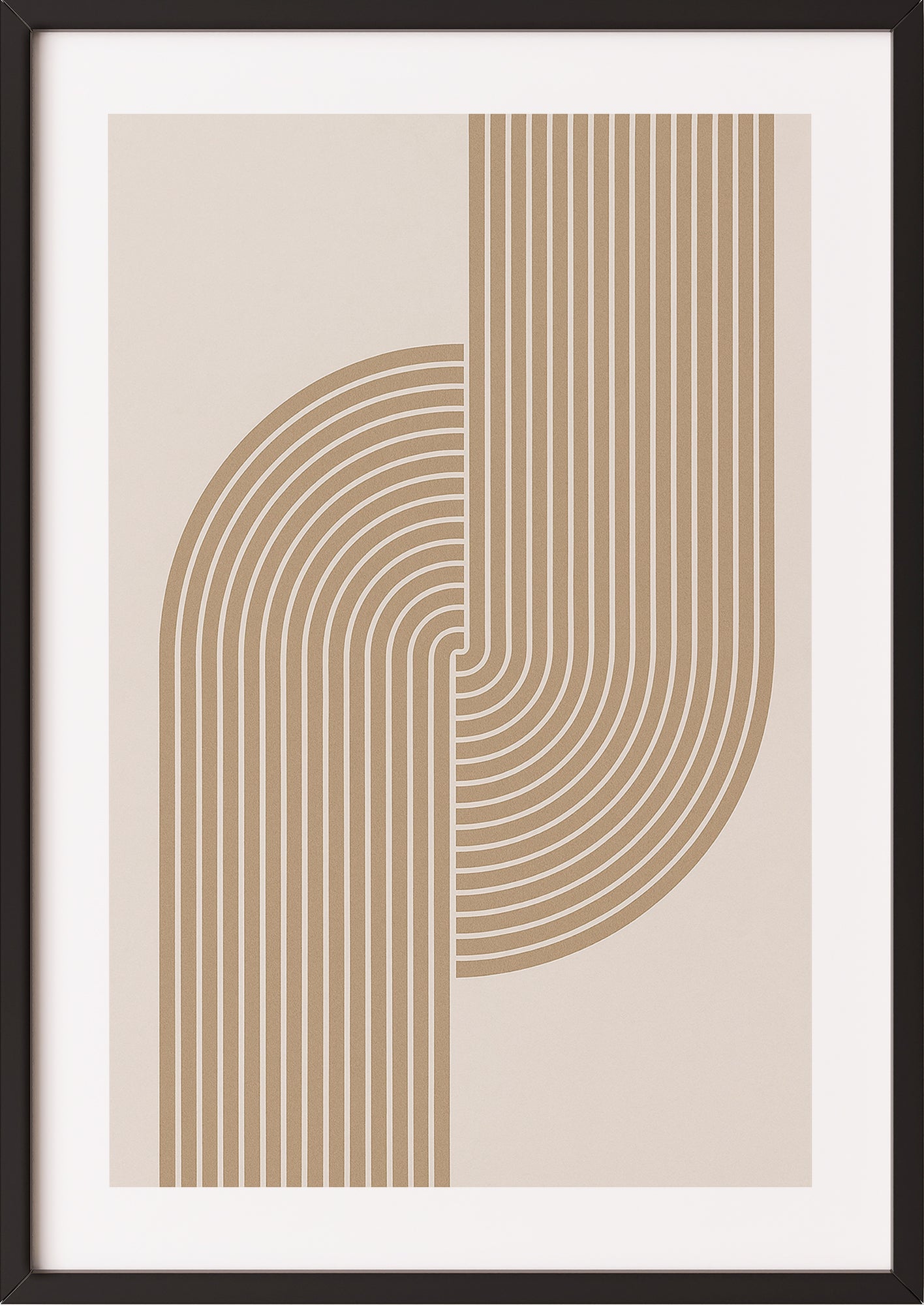 Geometrisches Linienbogen Poster in Beige mit schwarzem Rahmen – minimalistisches Wandbild