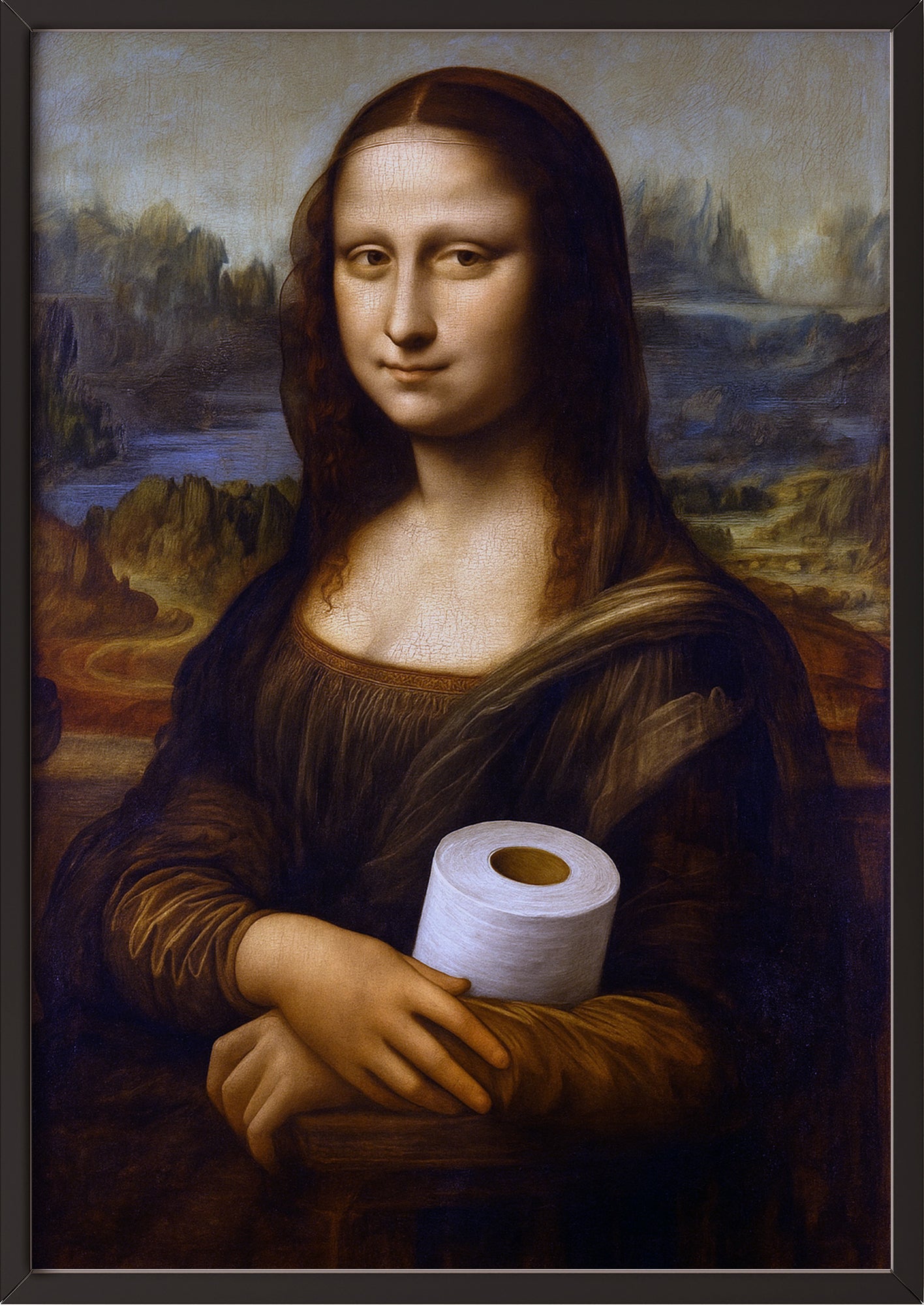 Dieses Kunstposter zeigt die Mona Lisa mit einer Klopapierrolle in einem schwarzen Rahmen, was dem Klassiker eine witzige Note verleiht.