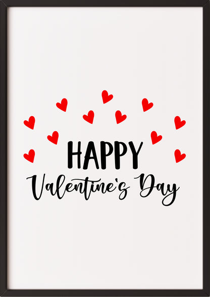 Das romantische Wandbild mit Happy Valentine’s Day Text in einem schlichten schwarzen Rahmen an einer weißen Wand