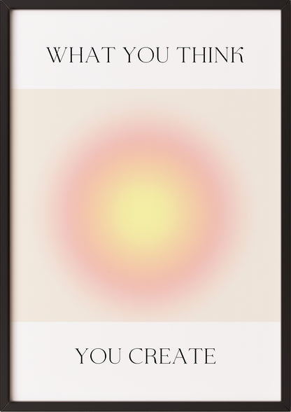 Poster mit gelb-pinker Aura und inspirierendem Text, an Wand gelehnt