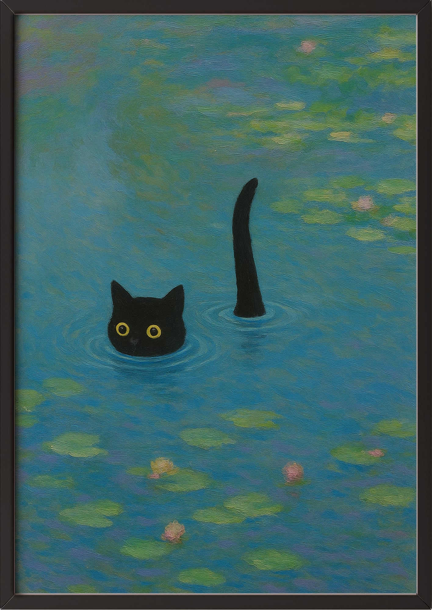 Poster Katze im Monet Seerosenteich im weißen Rahmen – humorvolle Wanddeko