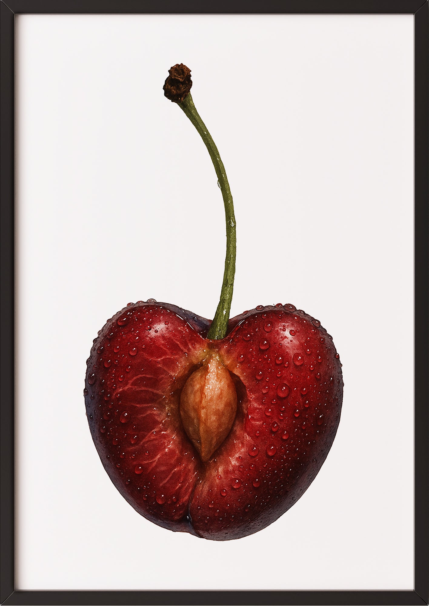 Halbierte Kirsche Kunstdruck mit schwarzem Rahmen – elegante Küchen Wandkunst