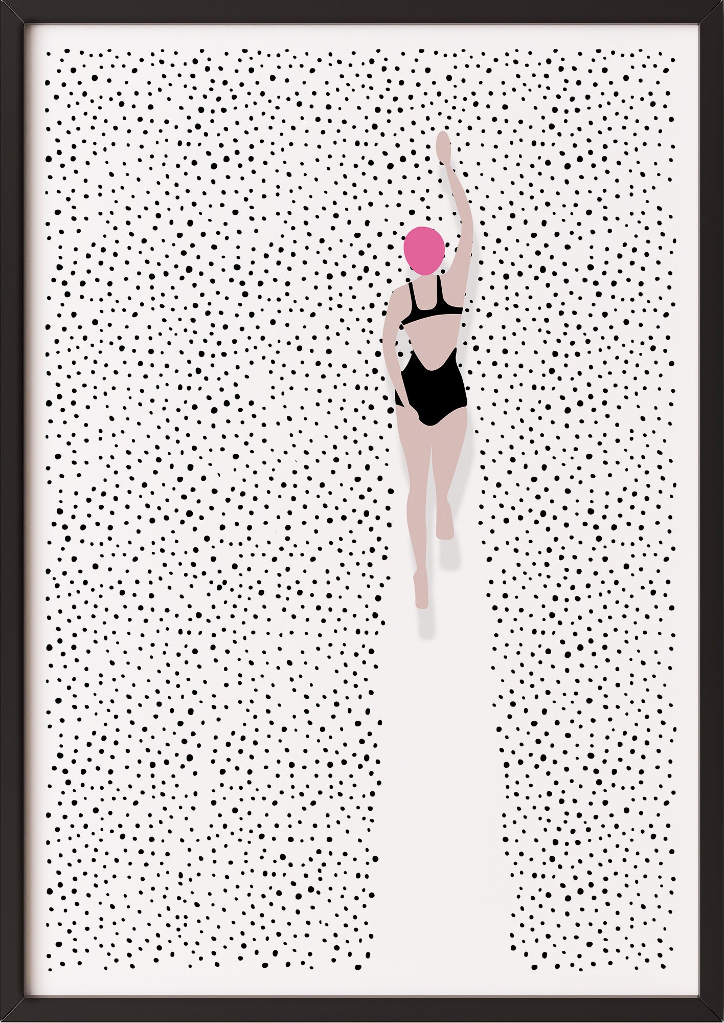 Hochformatiges Poster „Swimming In Dots“ mit schwarzem Rahmen, freigestellt.