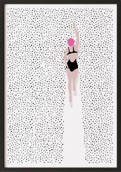 Hochformatiges Poster „Swimming In Dots“ mit schwarzem Rahmen, freigestellt.