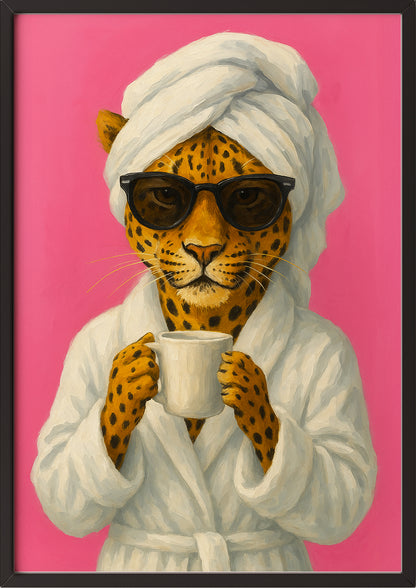 Leopard im Bademantel mit Kaffee als Poster im schwarzen Rahmen, stylische Tierkunst fürs Wohnzimmer