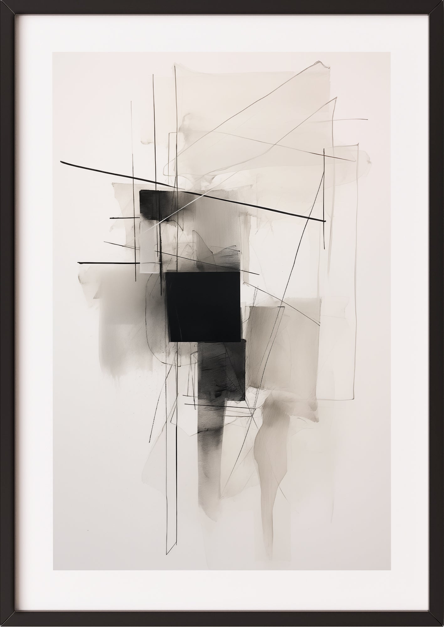 Abstraktes Poster in Schwarz und Grau im schwarzen Holzrahmen, moderne Wanddekoration