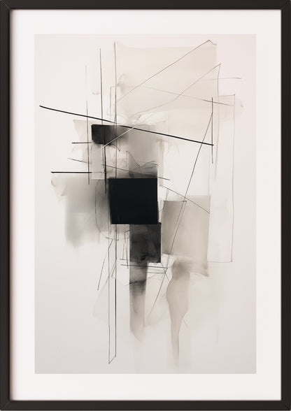Abstraktes Poster in Schwarz und Grau im schwarzen Holzrahmen, moderne Wanddekoration