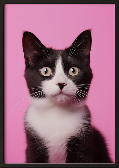 Poster „Cat On Pink Background“ schwarz.