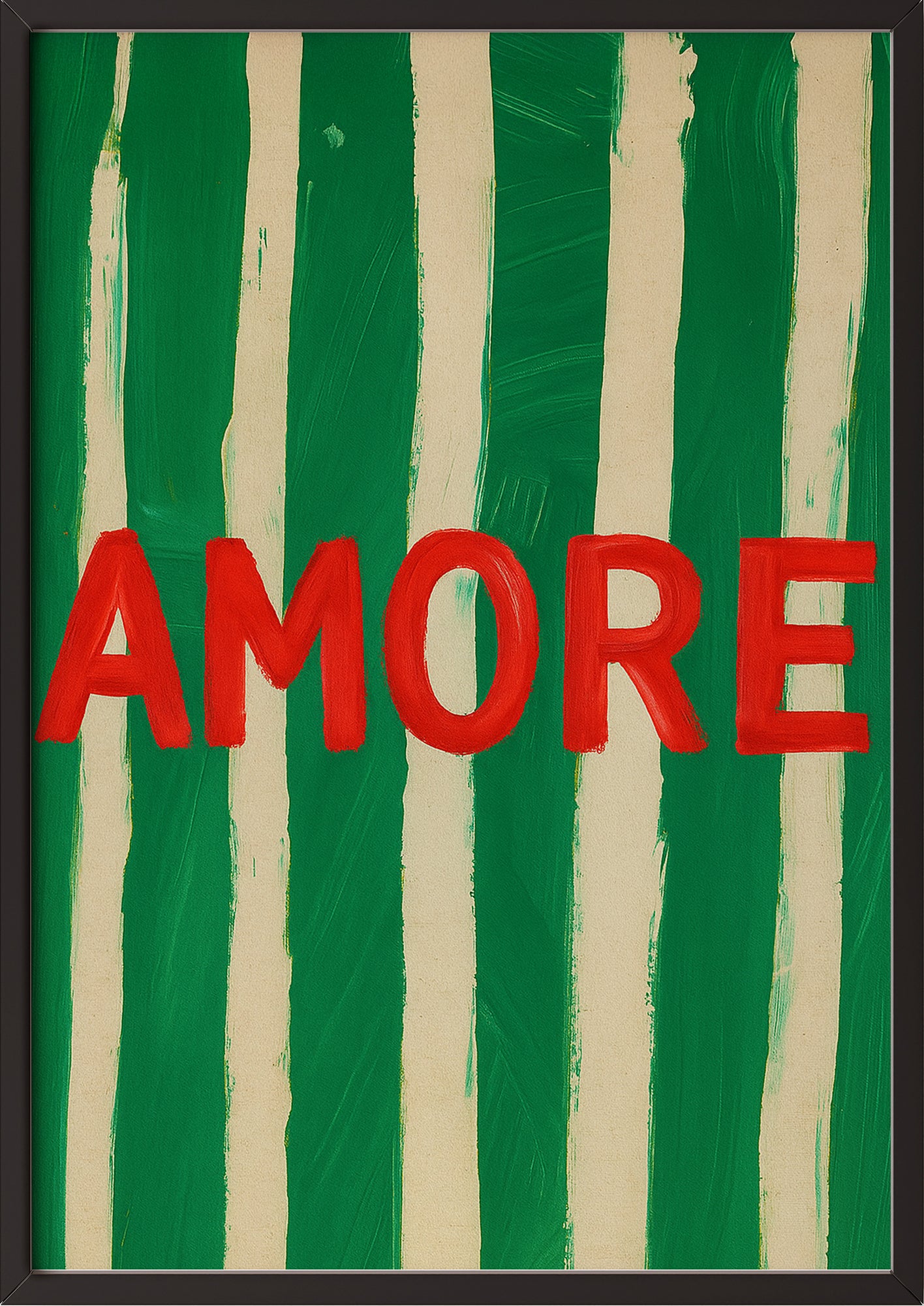 AMORE Typografie Kunstdruck mit schwarzem Rahmen – modernes Wandbild in Grün und Rot