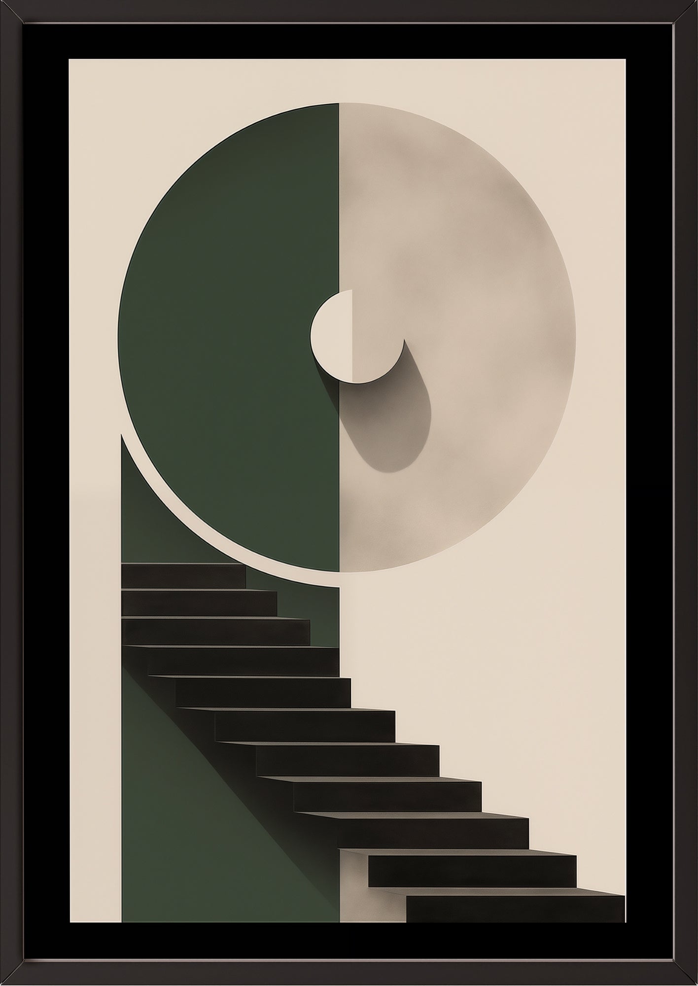 Hochformatiges Poster „BAUHAUS - Stairway - Olive Beige“ mit schwarzem Rahmen.