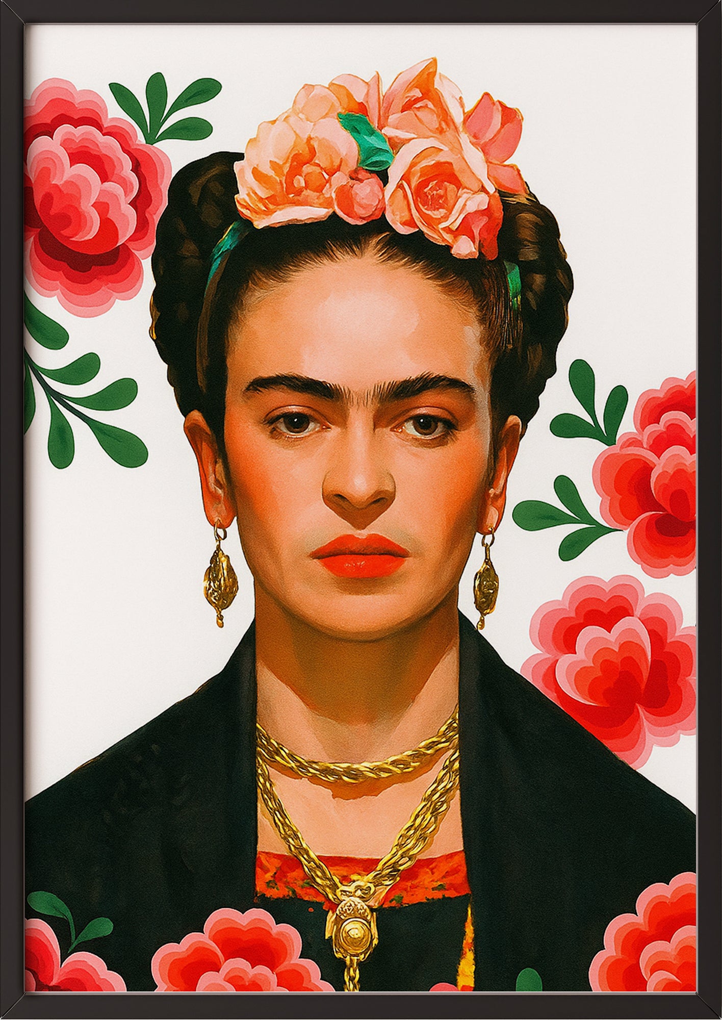 Frida Kahlo Kunstdruck mit weißem Hintergrund, gerahmt in schwarzem Rahmen