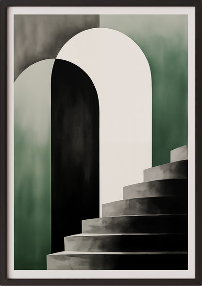 Hochformatiges Poster „BAUHAUS - Stairway - Olive White“ mit schwarzem Rahmen.