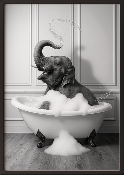dieses tierposter zeigt einen elefanten in der badewanne in einem schwarzen rahmen und setzt damit einen starken kontrast an der wand