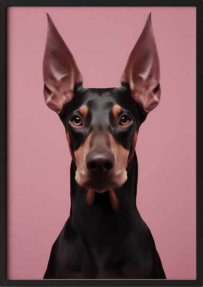 das hundeporträt in einem schwarzen rahmen vor rosa wand setzt einen starken modernen akzent im wohnbereich