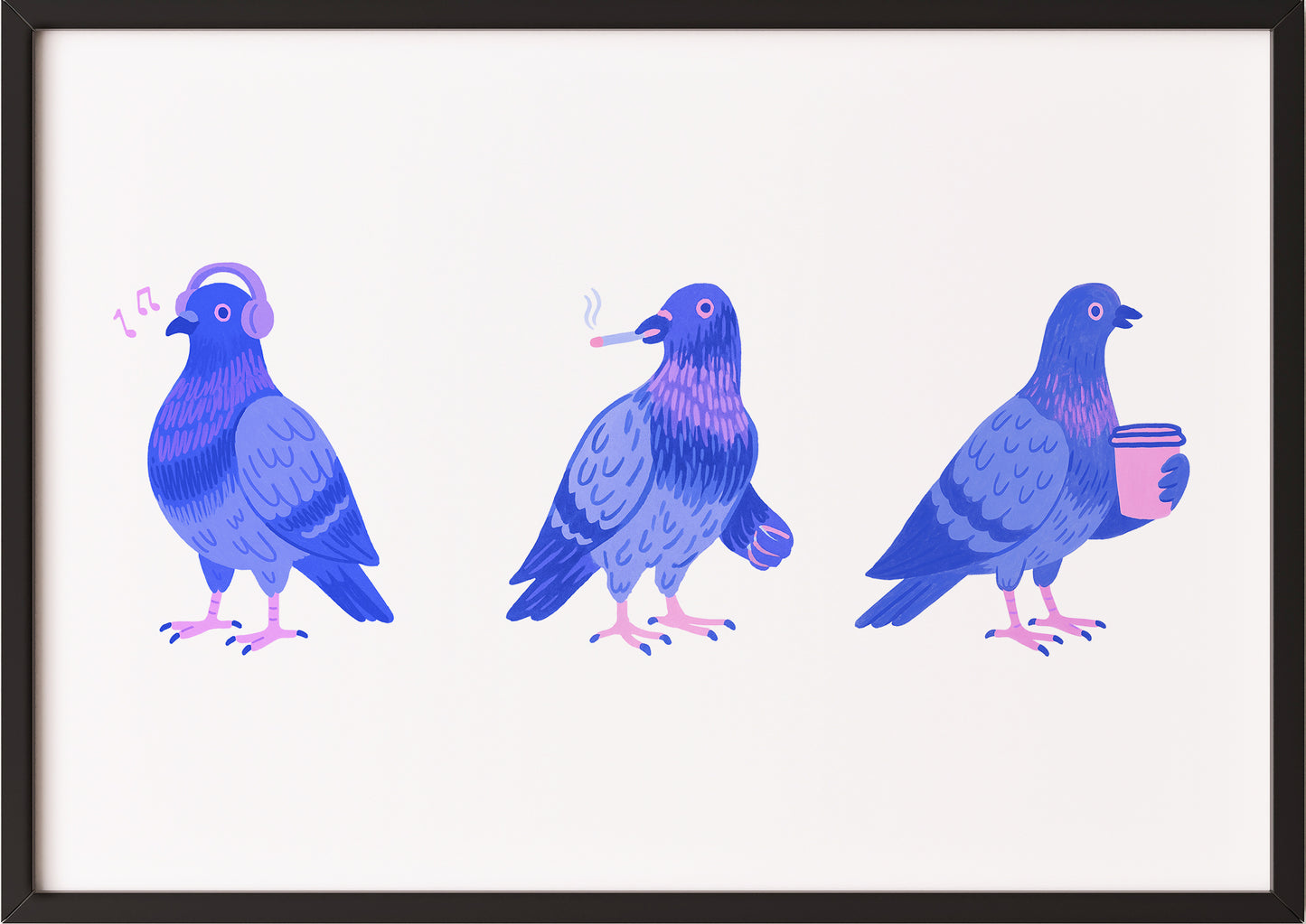 Poster mit drei urbanen Tauben im schwarzen Rahmen
