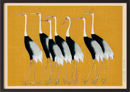 Japanisches Kranich Poster von Ogata Korin im schwarzen Rahmen an heller Wand