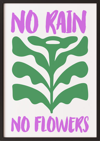 Hochformatiges Poster „No Rain No Flowers“ mit schwarzem Rahmen, freigestellt.