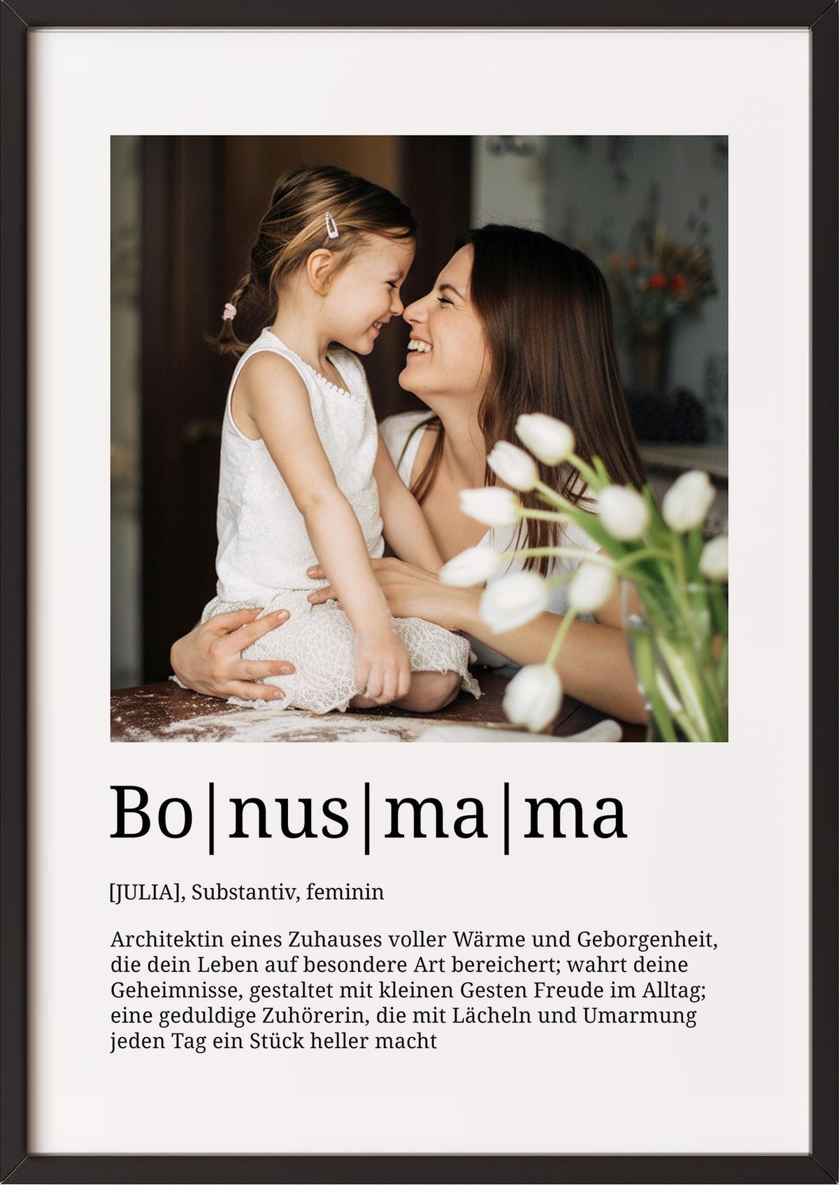 Bonusmama im schwarzen Holzrahmen
