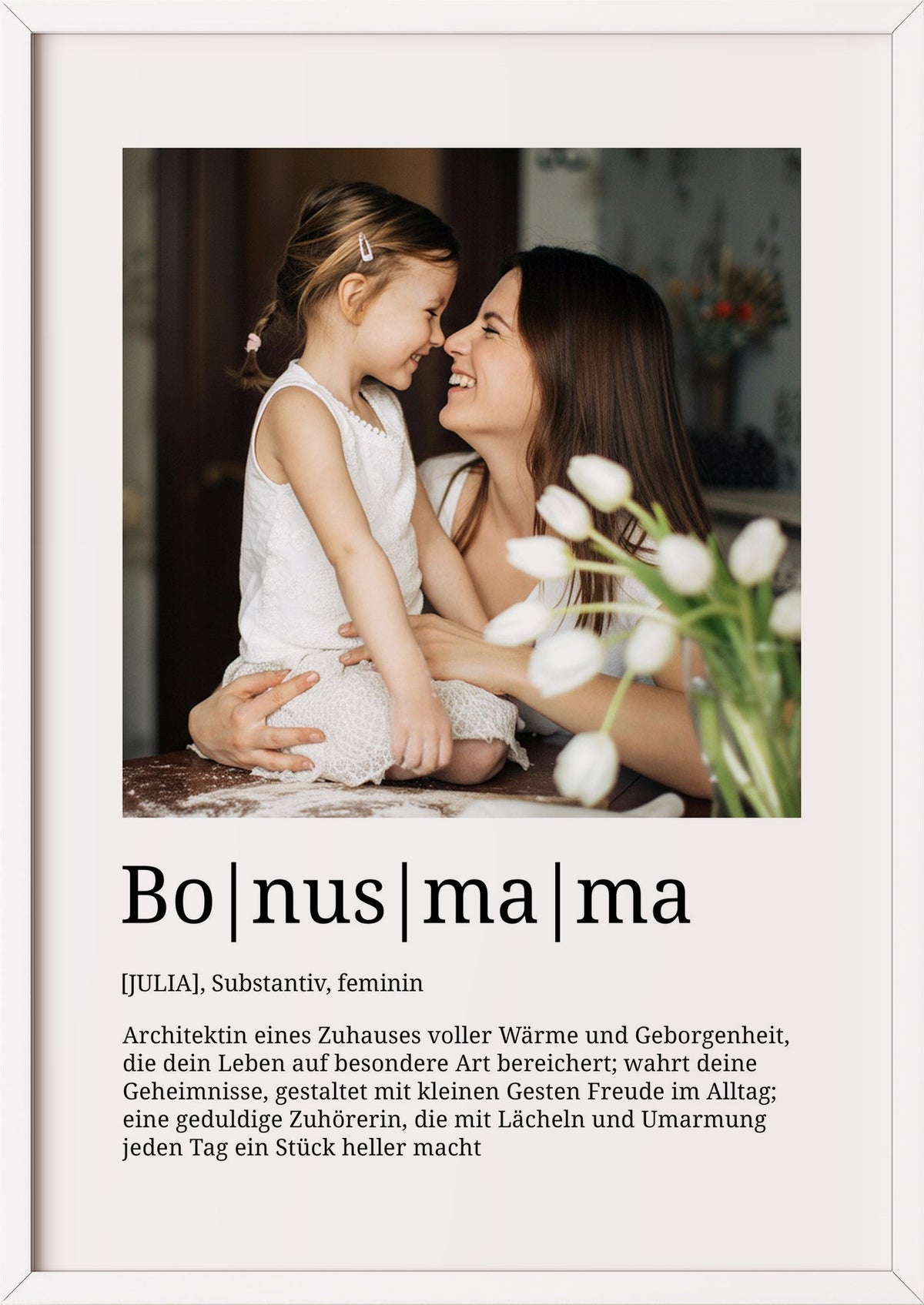 Bonusmama im weißen Holzrahmen