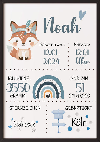 Geburtsposter Junge im schwarzen Holzrahmen