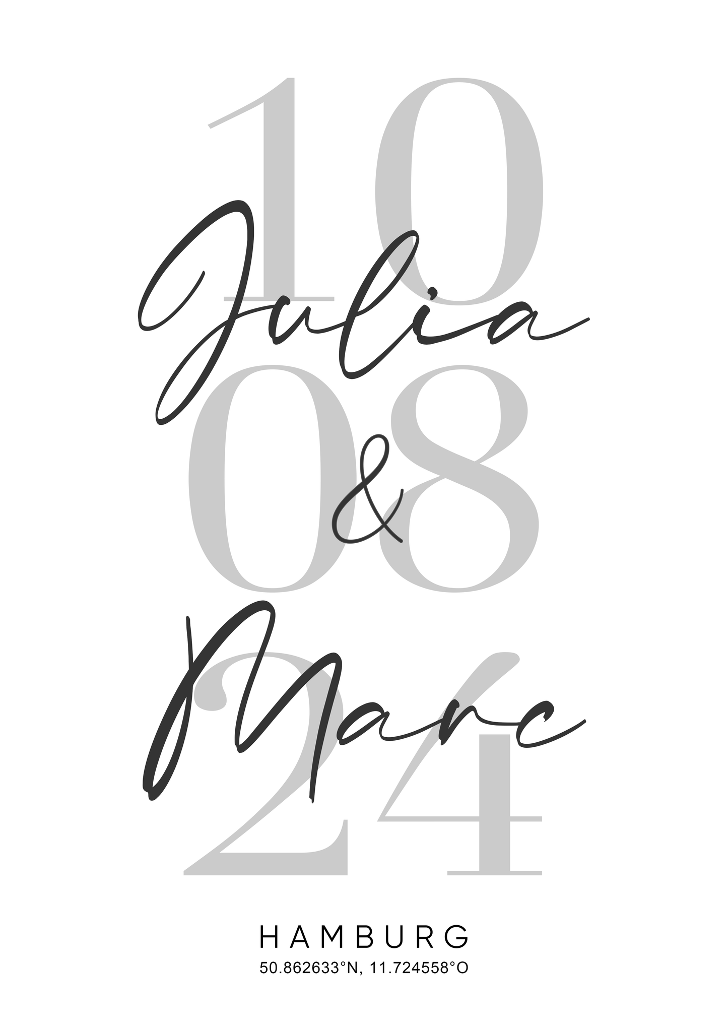 Hochzeits- / Paarbild mit Namen, Datum & Stadt - Personalisiert