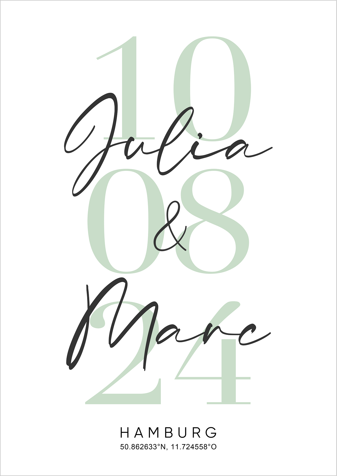 Hochzeits- / Paarbild mit Namen, Datum & Stadt - Personalisiert