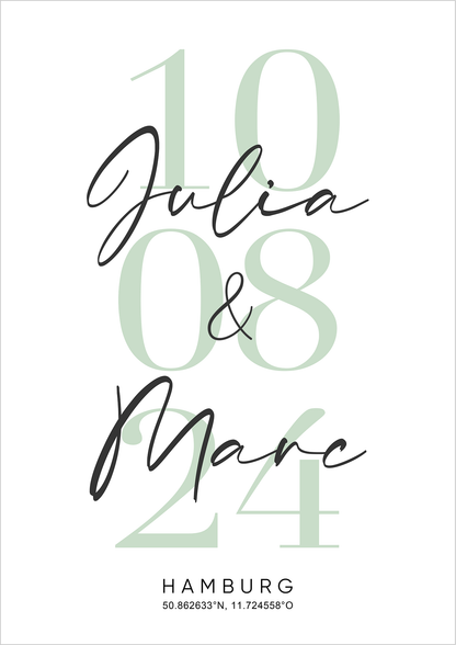 Hochzeits- / Paarbild mit Namen, Datum & Stadt - Personalisiert