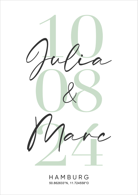 Hochzeits- / Paarbild mit Namen, Datum & Stadt - Personalisiert