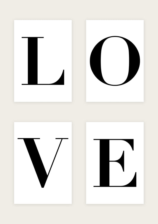 LOVE Poster-Set: vier Buchstaben-Poster L, O, V und E in schwarzer Serifenschrift auf Weiß, als Set angeordnet