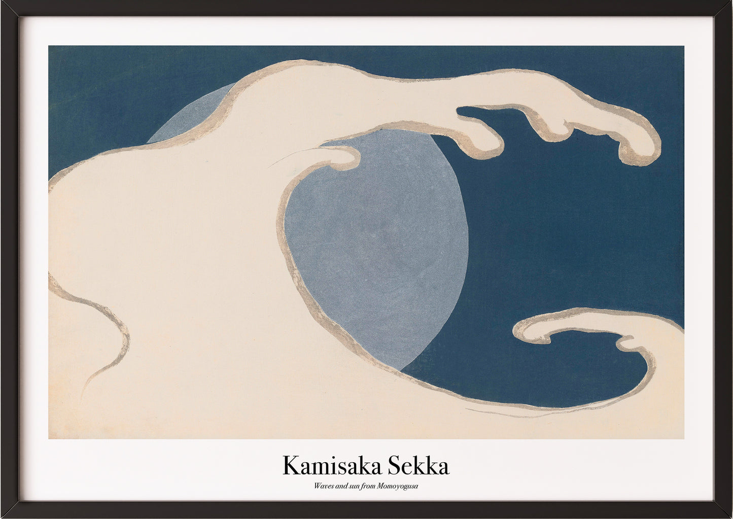 Eine Frau hängt Kamisaka Sekka – Waves and Sun (from Momoyogusa) in schwarzem Rahmen an die Wand