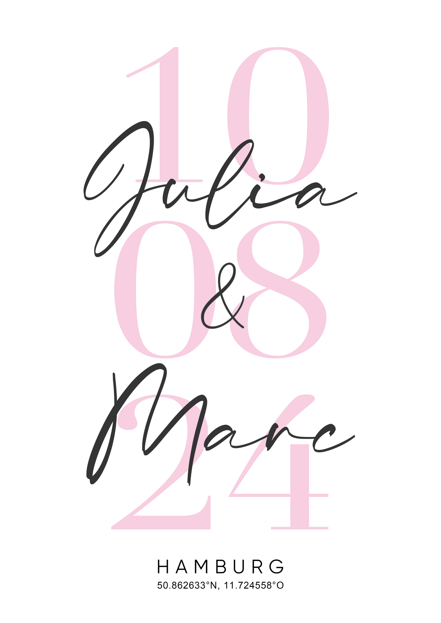 Hochzeits- / Paarbild mit Namen, Datum & Stadt - Personalisiert