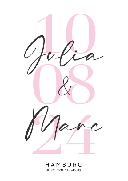 Hochzeits- / Paarbild mit Namen, Datum & Stadt - Personalisiert