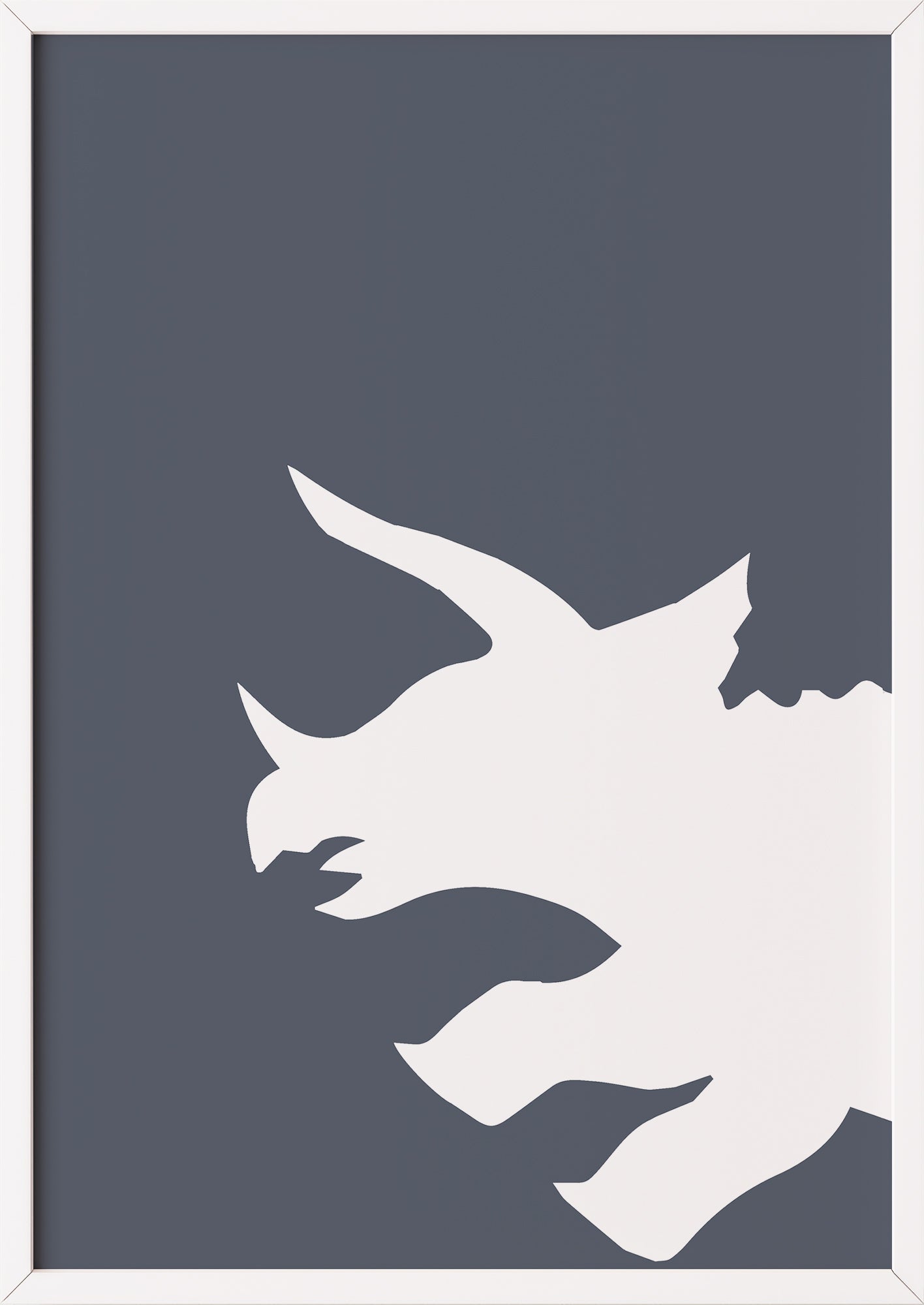 die weiße darstellung des dinosauriers auf dem poster in einem eleganten weißen rahmen unterstreicht das schlichte design