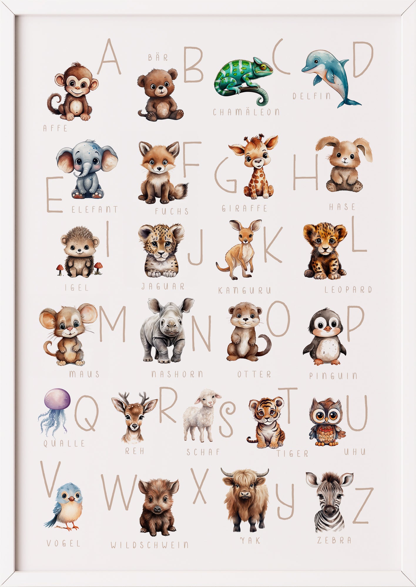 ein weißer rahmen unterstreicht die fröhlichen motive und lässt das abc poster besonders freundlich und hell wirken