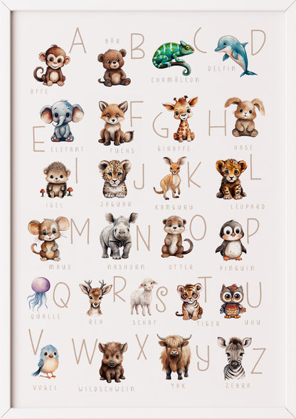 ein weißer rahmen unterstreicht die fröhlichen motive und lässt das abc poster besonders freundlich und hell wirken