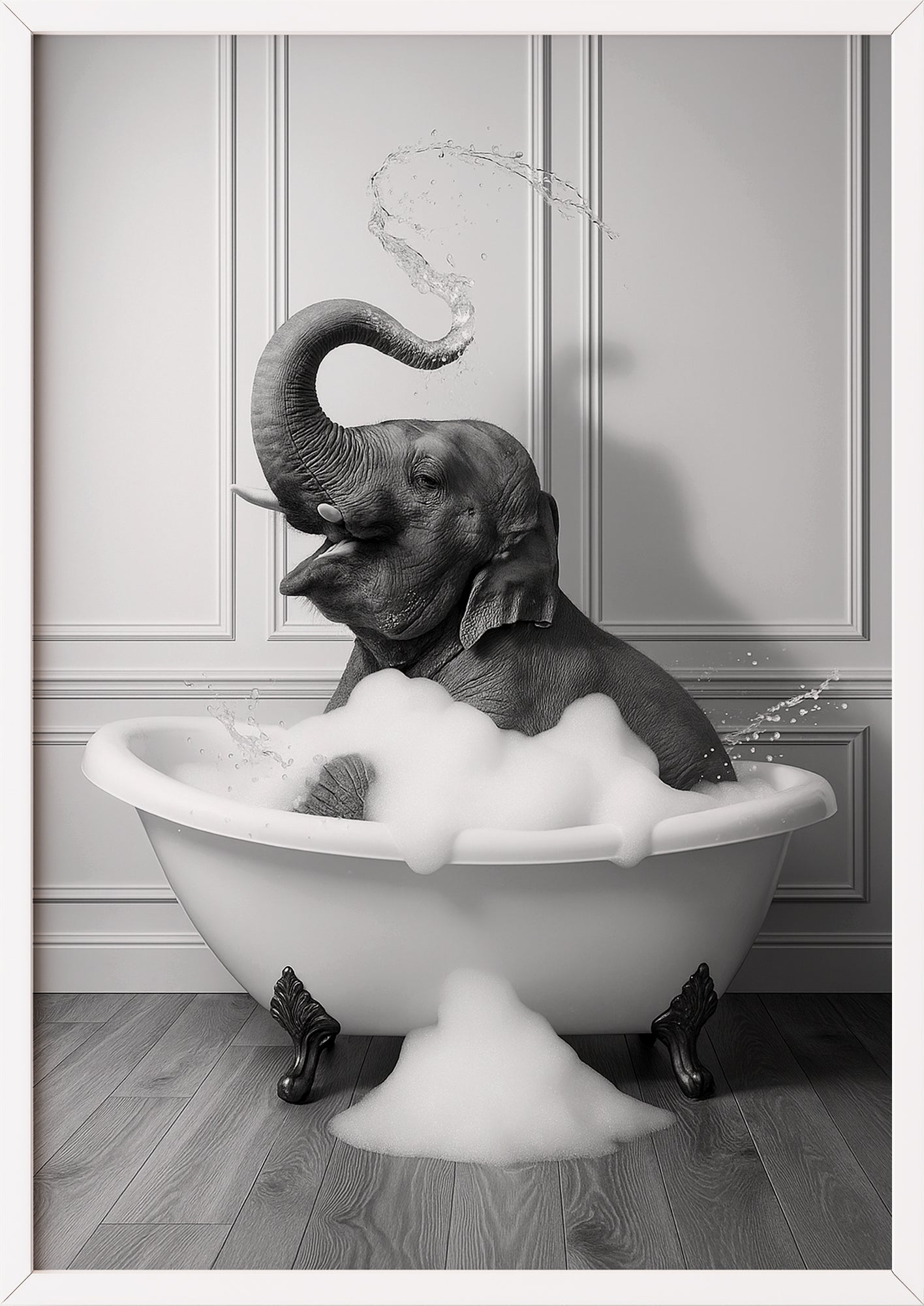 ein weißer rahmen umgibt das bild eines elefanten der vergnügt in der badewanne sitzt und sorgt so für ein frisches raumgefühl