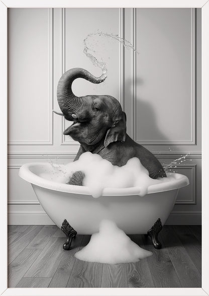 ein weißer rahmen umgibt das bild eines elefanten der vergnügt in der badewanne sitzt und sorgt so für ein frisches raumgefühl