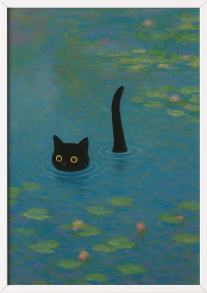 Poster Katze im Monet Seerosenteich im schwarzen Rahmen – originelle Parodie