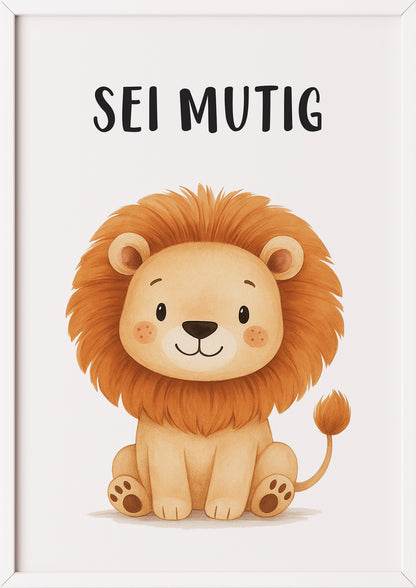Löwe Sei mutig Kinder Affirmation Poster gerahmt in weißem Rahmen, perfekte Wandkunst fürs Babyzimmer