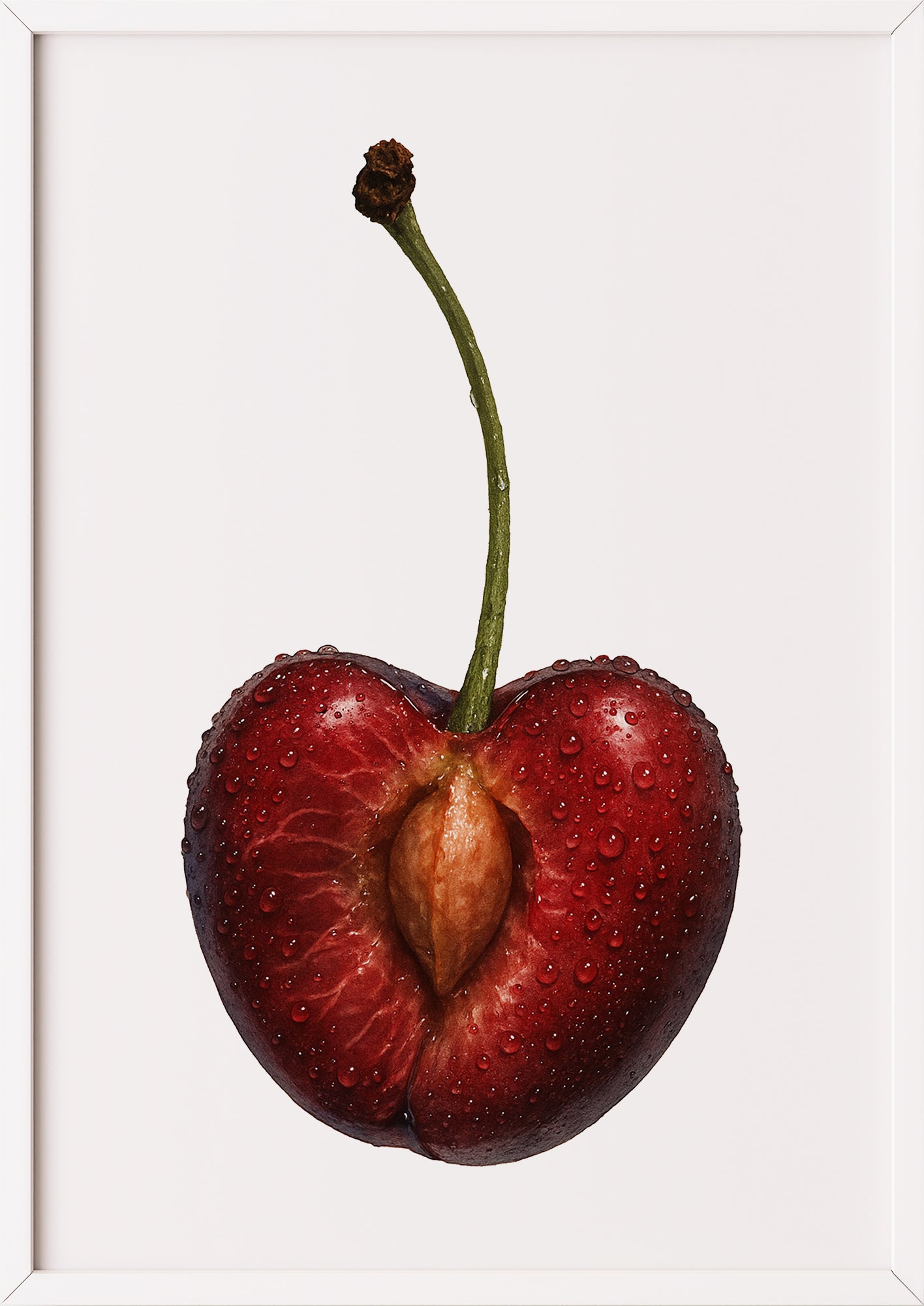 Halbierte Kirsche Kunstdruck mit weißem Rahmen – moderne Frucht Deko